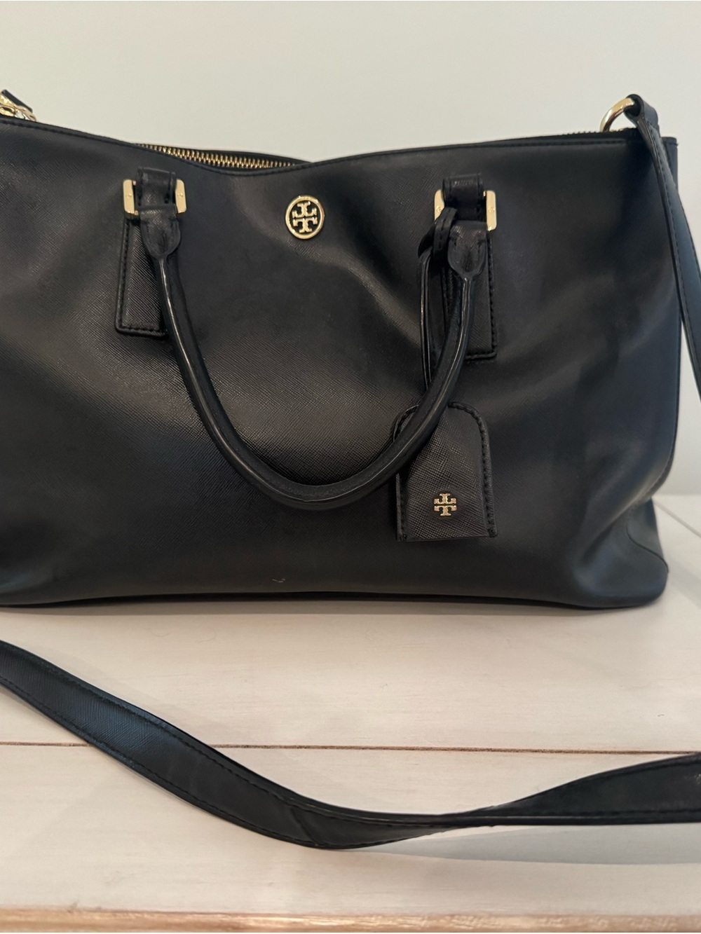 Tory Burch Black Leather Shoulder Tote with Gold Hardware